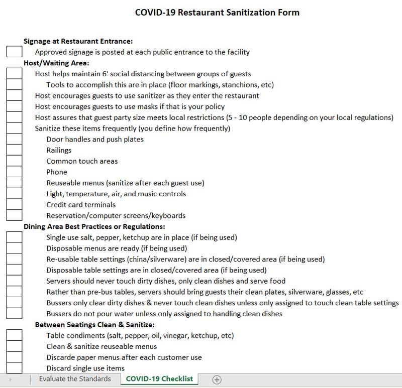 餐廳COVID - 19衛生檢查清單